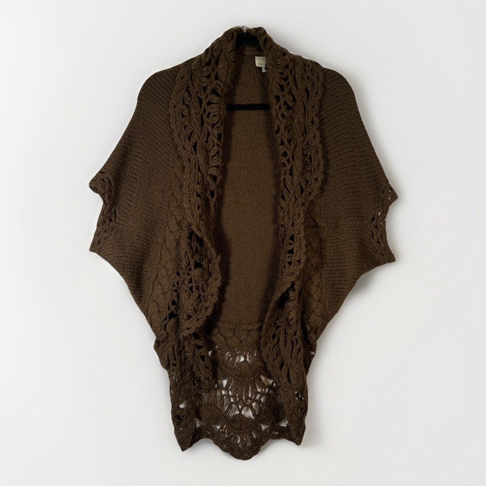 Brown Open Cardigan Knitted Sweater Jacket with Lacey and Braided Detail Boho